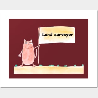 Land surveyor. Profession, work, job. Cat shows a banner with the inscription. Watercolor illustration. A gift for a professional. Posters and Art